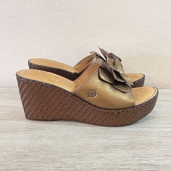 Born 7 Sandals Annette Bronze Brown Copper Leather Flower Platform Wedge Slides - Picture 5 of 12